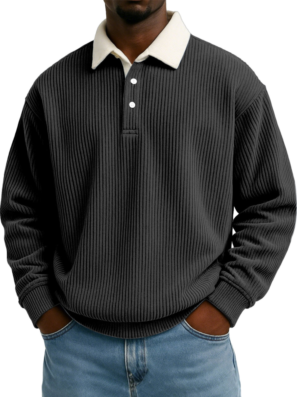 Camisa de hombre de pana retro color block con estampado de rayas y manga larga