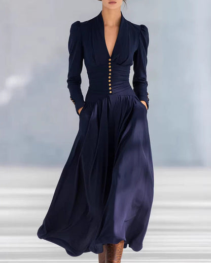 Women's Autumn Fitted Dress with High Waist and Pleats – Elegant Solid Color Midi Dress