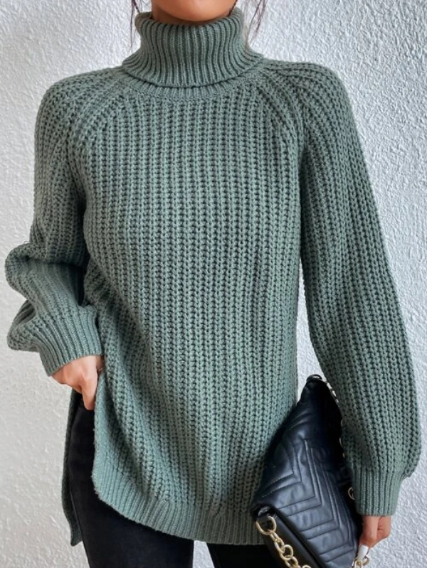 Maglione Donna con Collo Alto, Maniche Raglan e Spacco Laterale – Stile Versatile