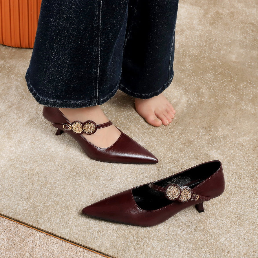 Women's Pointed Toe Pumps with Stiletto Heel, Strap, and Buckle – Elegant Pumps
