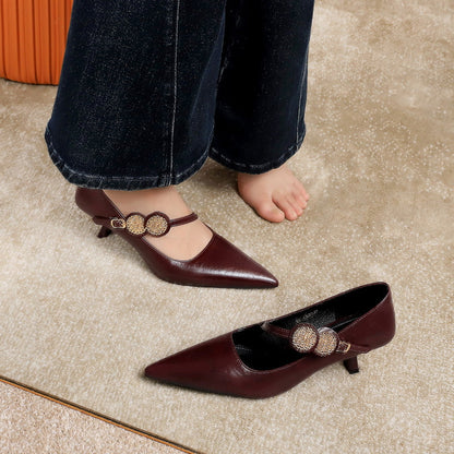 Women's Pointed Toe Pumps with Stiletto Heel, Strap, and Buckle – Elegant Pumps