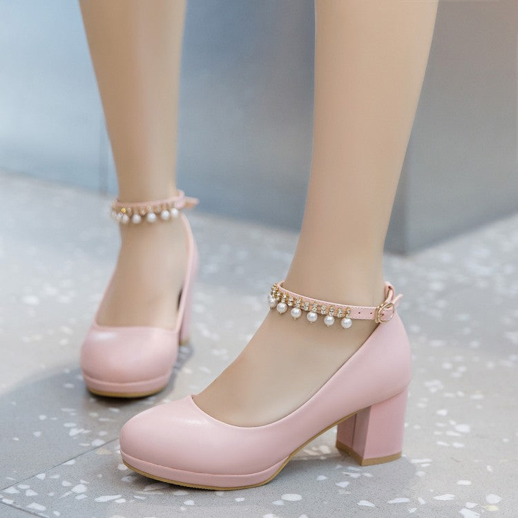 Zapatos de mujer con plataforma, hebilla con perlas y tacón ancho – zapatos elegantes