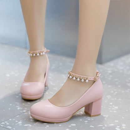 Zapatos de mujer con plataforma, hebilla con perlas y tacón ancho – zapatos elegantes