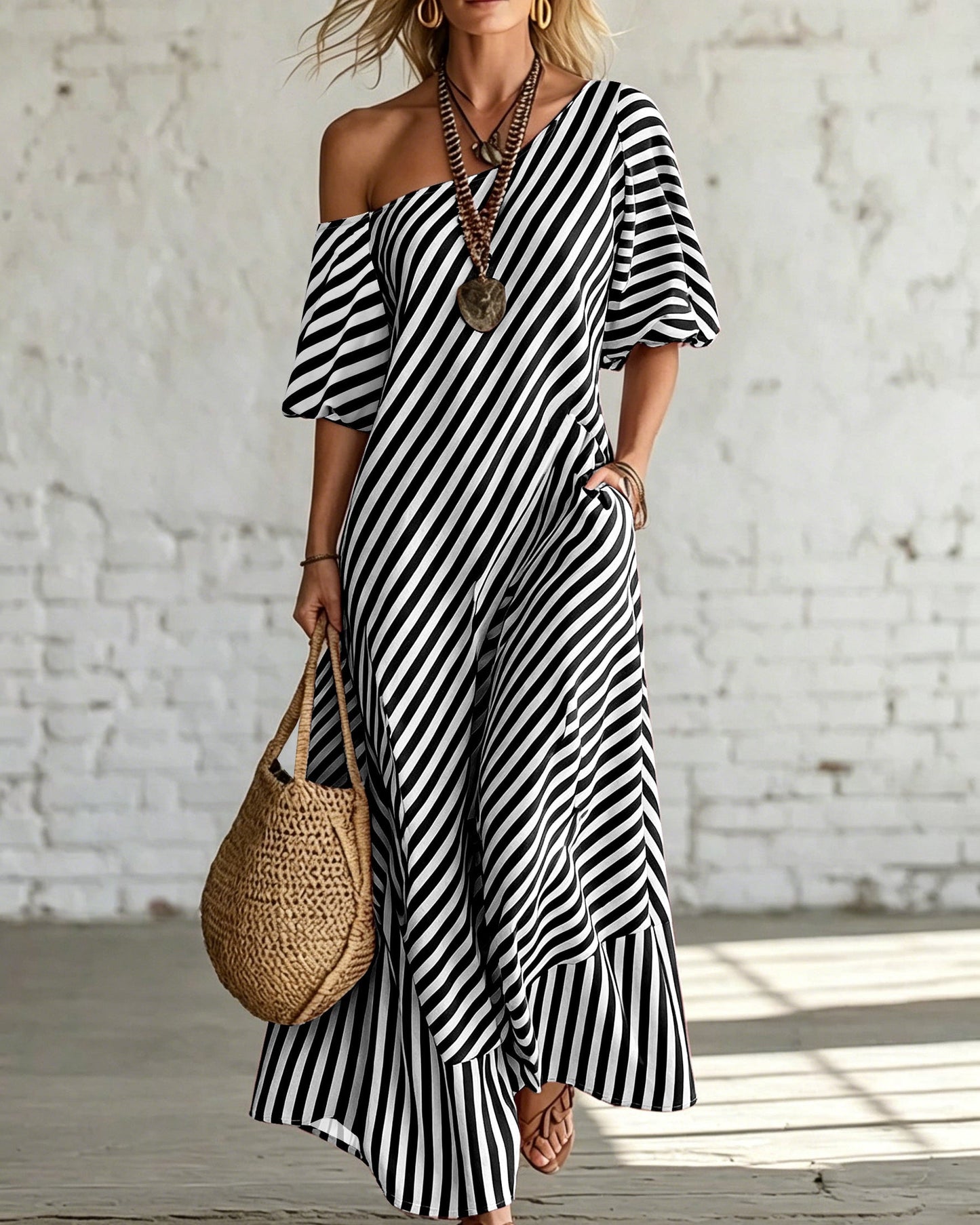 Women’s Long Summer Striped Dress with One-Shoulder Neckline and Ruffle