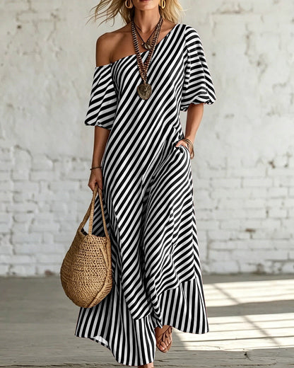 Women’s Long Summer Striped Dress with One-Shoulder Neckline and Ruffle