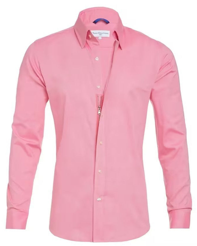 Camisa Oxford de hombre de corte ajustado con cremallera frontal, botones decorativos y mangas largas.