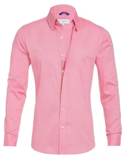Camisa Oxford de hombre de corte ajustado con cremallera frontal, botones decorativos y mangas largas.