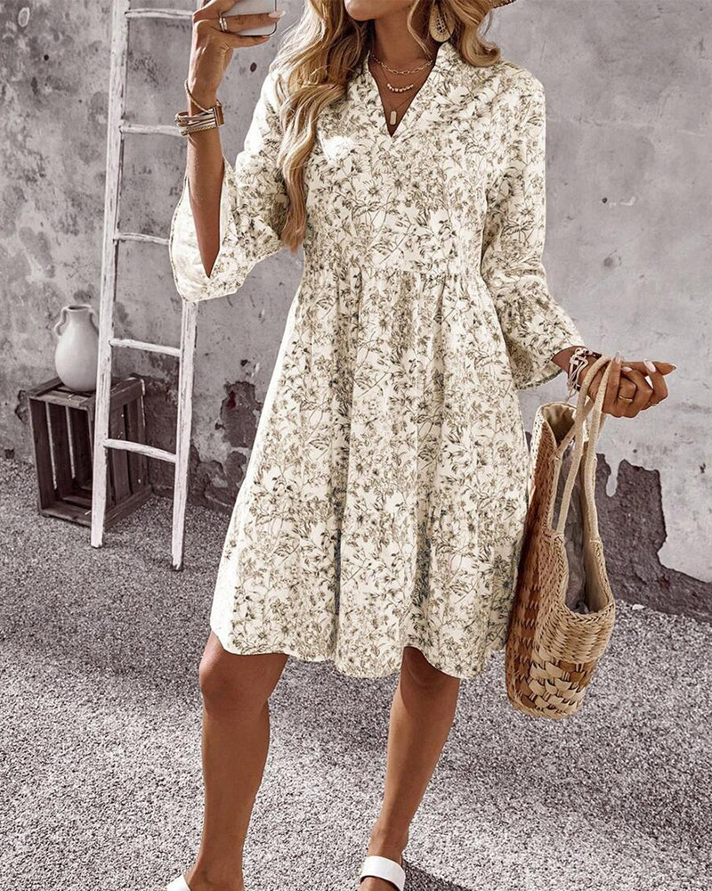 Women's Spring Dress with High Neckline, Flounce Sleeves, and Floral Print