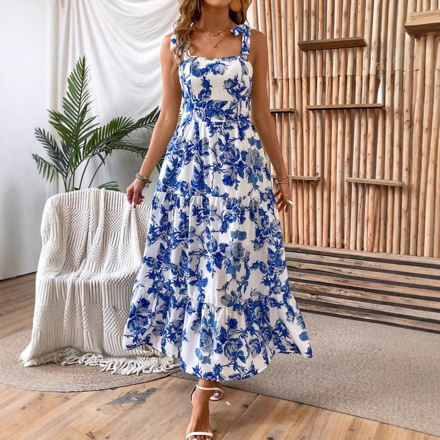 Abito Midi Estivo Donna Stampato con Spalline Sottili e Dettaglio in Pizzo – Abito Casual Elegante
