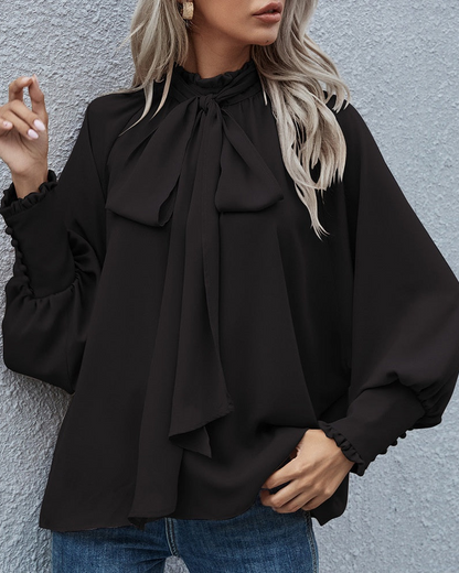 Women's Long-Sleeve Blouse with Tie and Puff Sleeves
