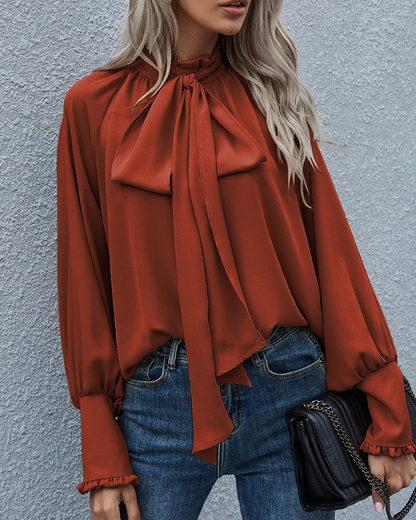 Women's Long-Sleeve Blouse with Tie and Puff Sleeves