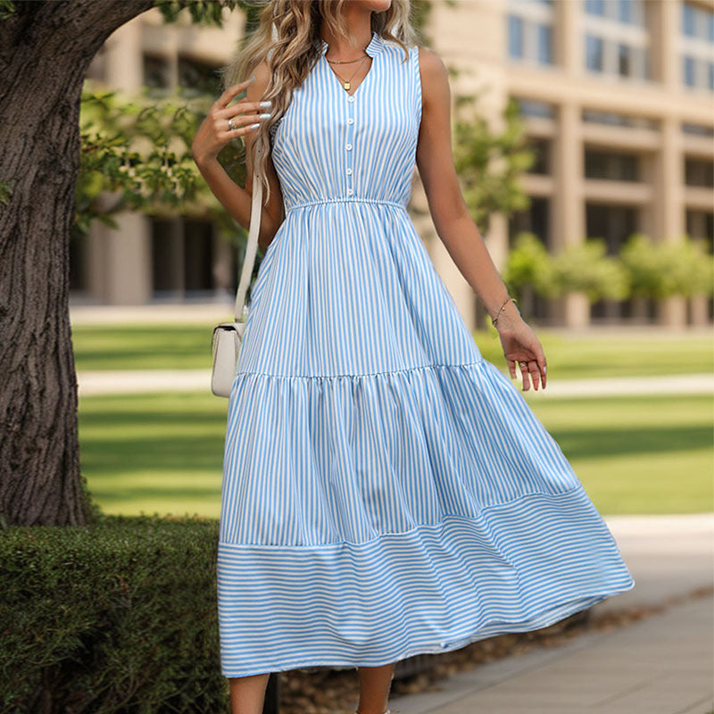 Women's Sleeveless Vertical Stripe Midi Dress with High Waist – Elegant A-Line Dress