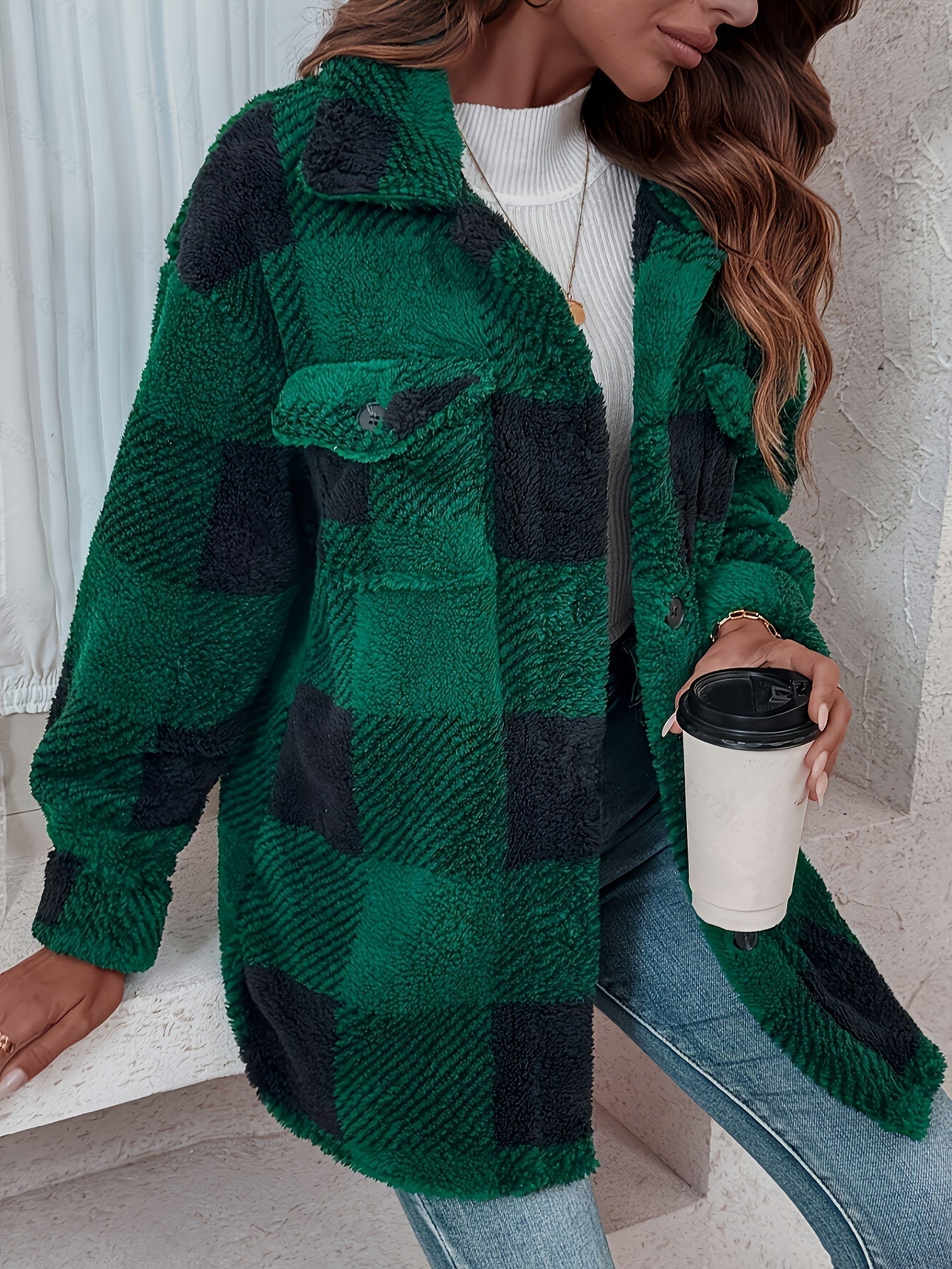 Giacca Donna in Pile a Quadri con Bottoni – Stile Autunnale