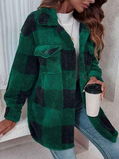 Giacca Donna in Pile a Quadri con Bottoni – Stile Autunnale