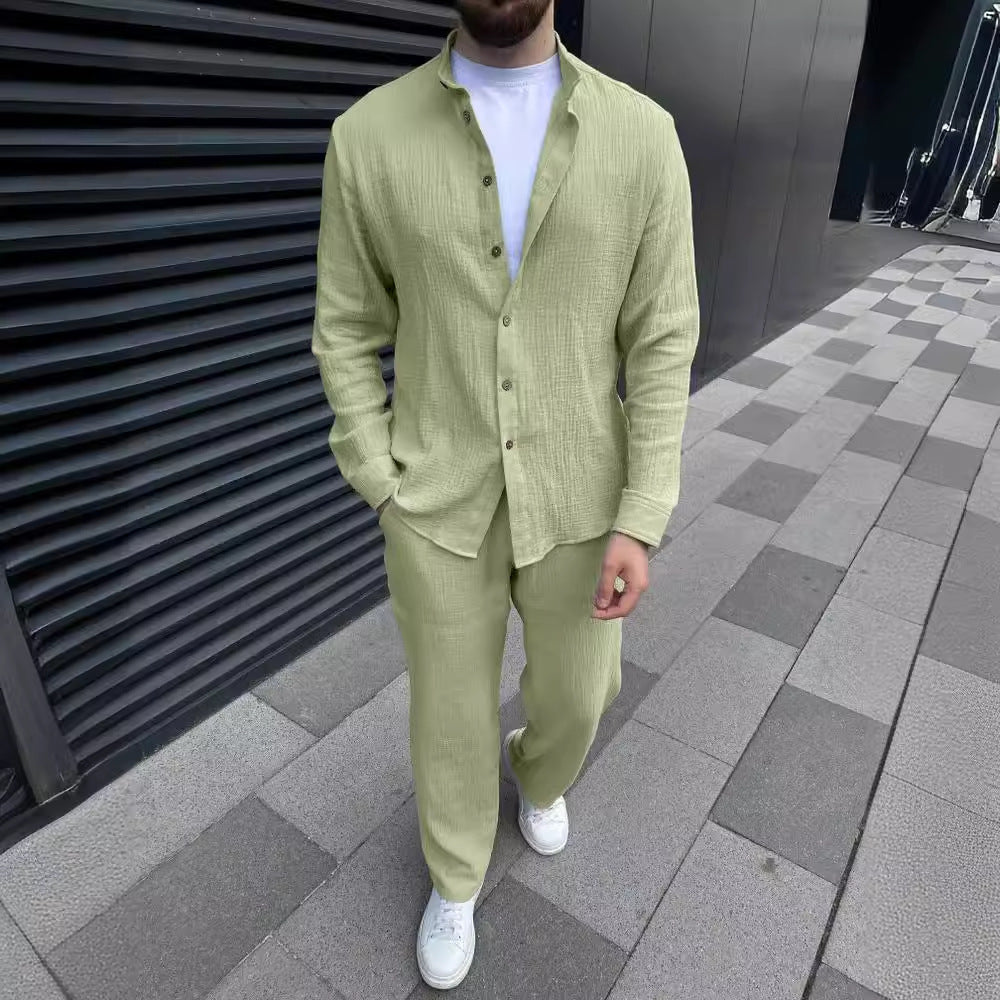Men's Two-Piece Suit with Long-Sleeve Shirt and Cropped Pants – Coordinated Casual Set