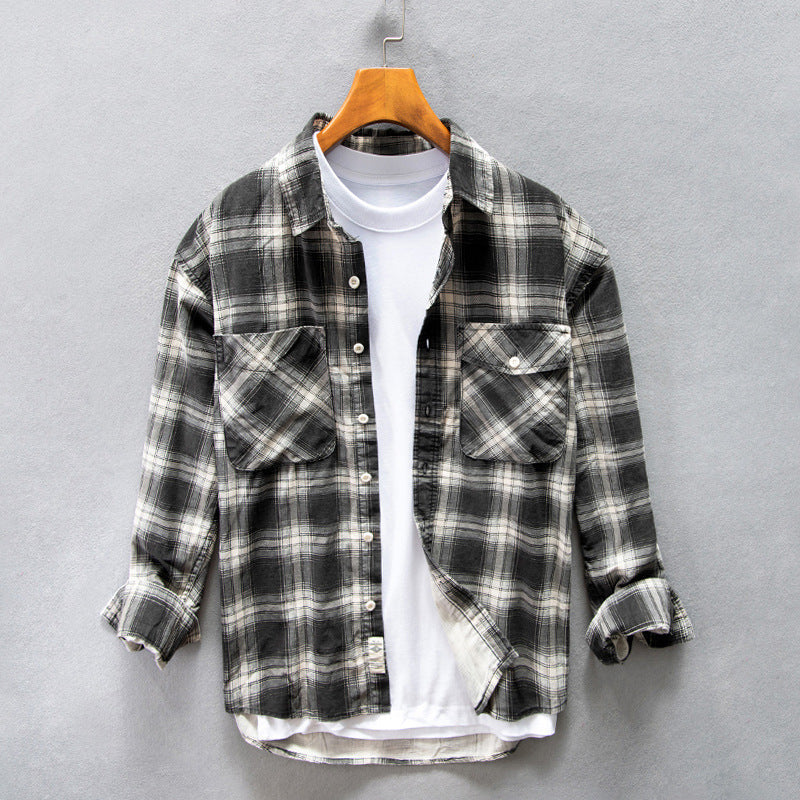 Camisa de hombre de otoño a cuadros de algodón, corte holgado y manga larga.