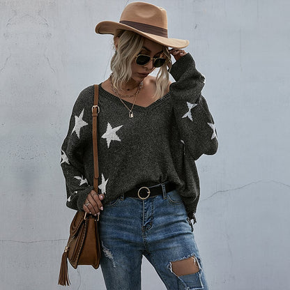 Women's Knit Sweater with Tassel Details and Star Pattern