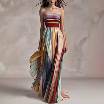 Women's Summer Long Dress Strapless Open Back Striped A-Line High Waist