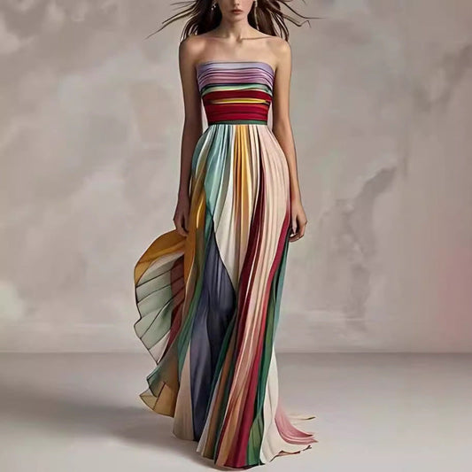 Vestido Largo de Verano para Mujer Sin Tirantes Espalda Descubierta a Rayas Línea A Cintura Alta