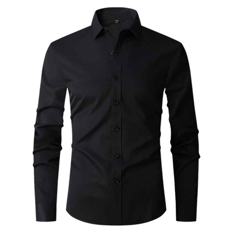 Camicia nera elegante da uomo a maniche lunghe, colletto classico, bottoni frontali. Moda maschile, abbigliamento formale, stile moderno.