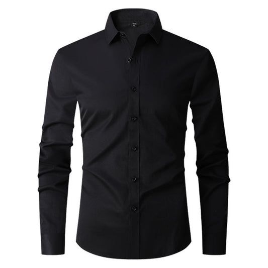 Camicia nera elegante da uomo a maniche lunghe, colletto classico, bottoni frontali. Moda maschile, abbigliamento formale, stile moderno.