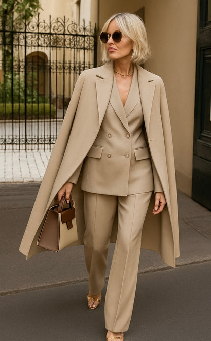 Women's Three-Piece Set: Coat, Blazer, and Regular Fit Pants – Wool Blend