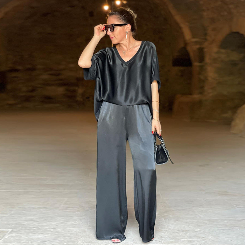 Women's Autumn Set with Casual V-Neck Top and Wide-Leg Pants – Loose Fit