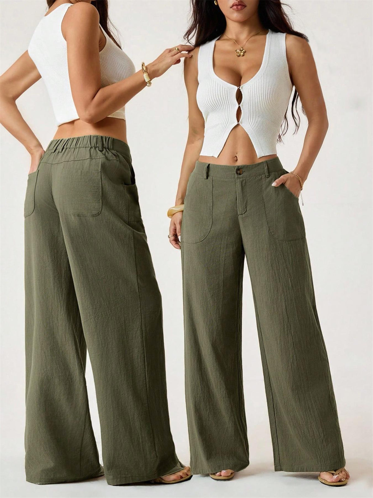 Pantaloni Da Donna Primaverili In Cotone E Lino A Gamba Larga, Con Vita Media E Tasche Laterali.