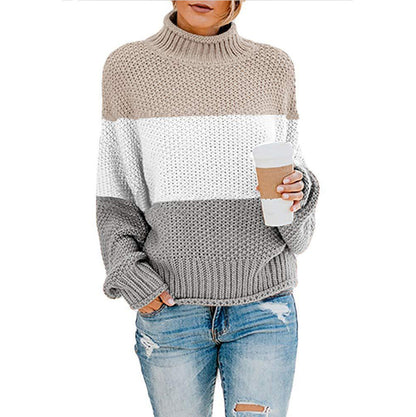 Maglione Pullover Donna a Collo Alto con Maniche Lunghe e Motivo a Blocchi di Colore