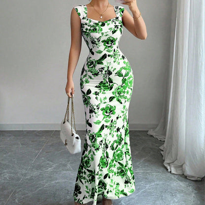 Abito Midi Donna con Scollo Quadrato, Nodo Frontale e Vita Alta – Abito Floreale Elegante