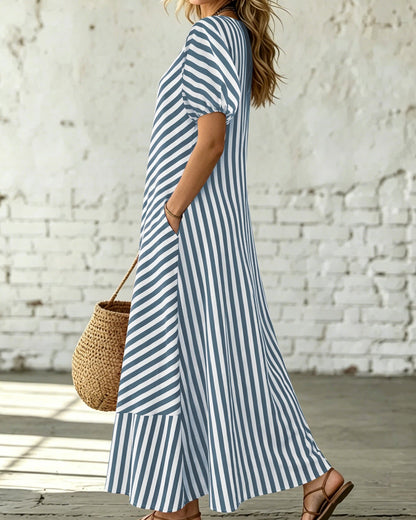Women’s Long Summer Striped Dress with One-Shoulder Neckline and Ruffle