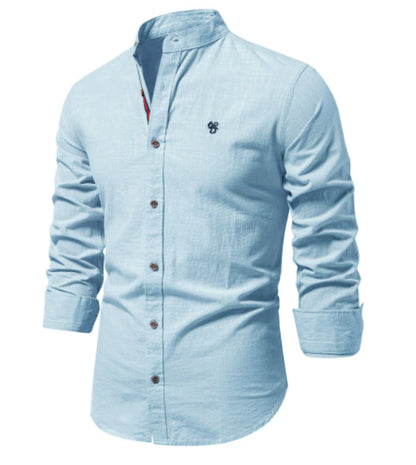 Camisa de verano para hombre de mezcla de algodón y lino, con cuello mao y mangas largas.