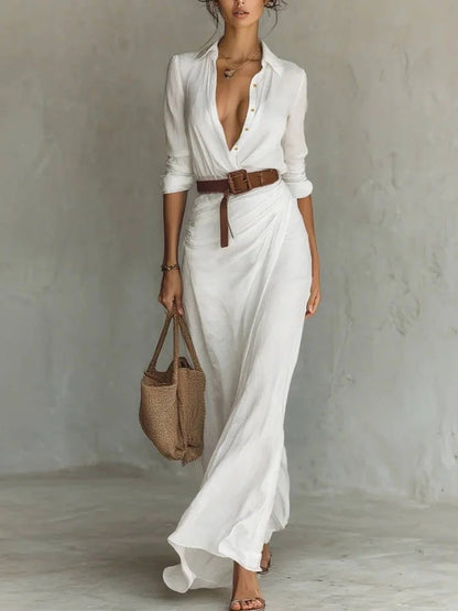 Women's Autumn Dress with Irregular Ruffles, Belt, and Long Sleeves