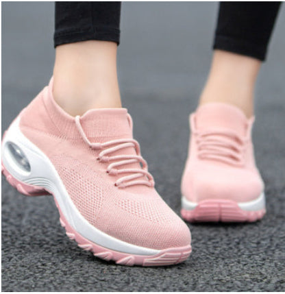 Women's Sports Shoes with Flying Knit Upper, Round Toe, Medium Heel, and Waterproof Sole