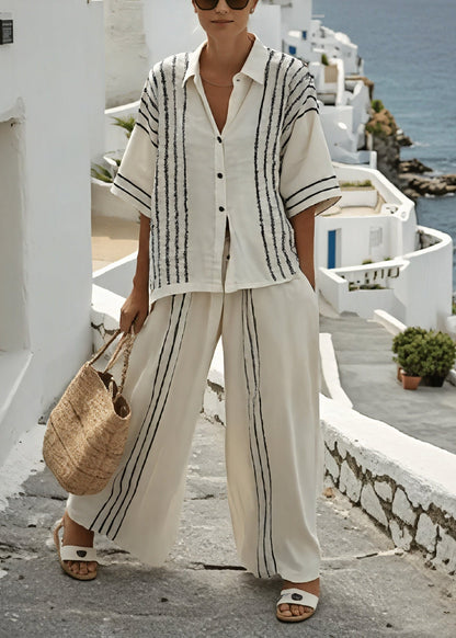 Women's Summer Two-Piece Set Linen Blend with Sleeveless Striped Top and Comfortable Pants