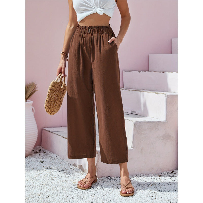 Women's High-Waisted Straight Casual Pants – Linen Style in Cotton Blend