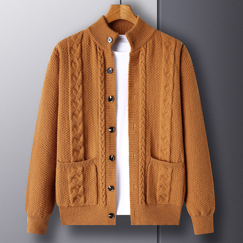 Men's Autumn Jacquard Knit Cardigan, Retro Style, Button Closure, Pockets, and Loose Fit.