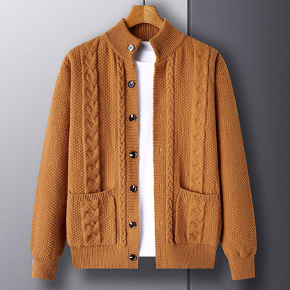 Men's Autumn Jacquard Knit Cardigan, Retro Style, Button Closure, Pockets, and Loose Fit.