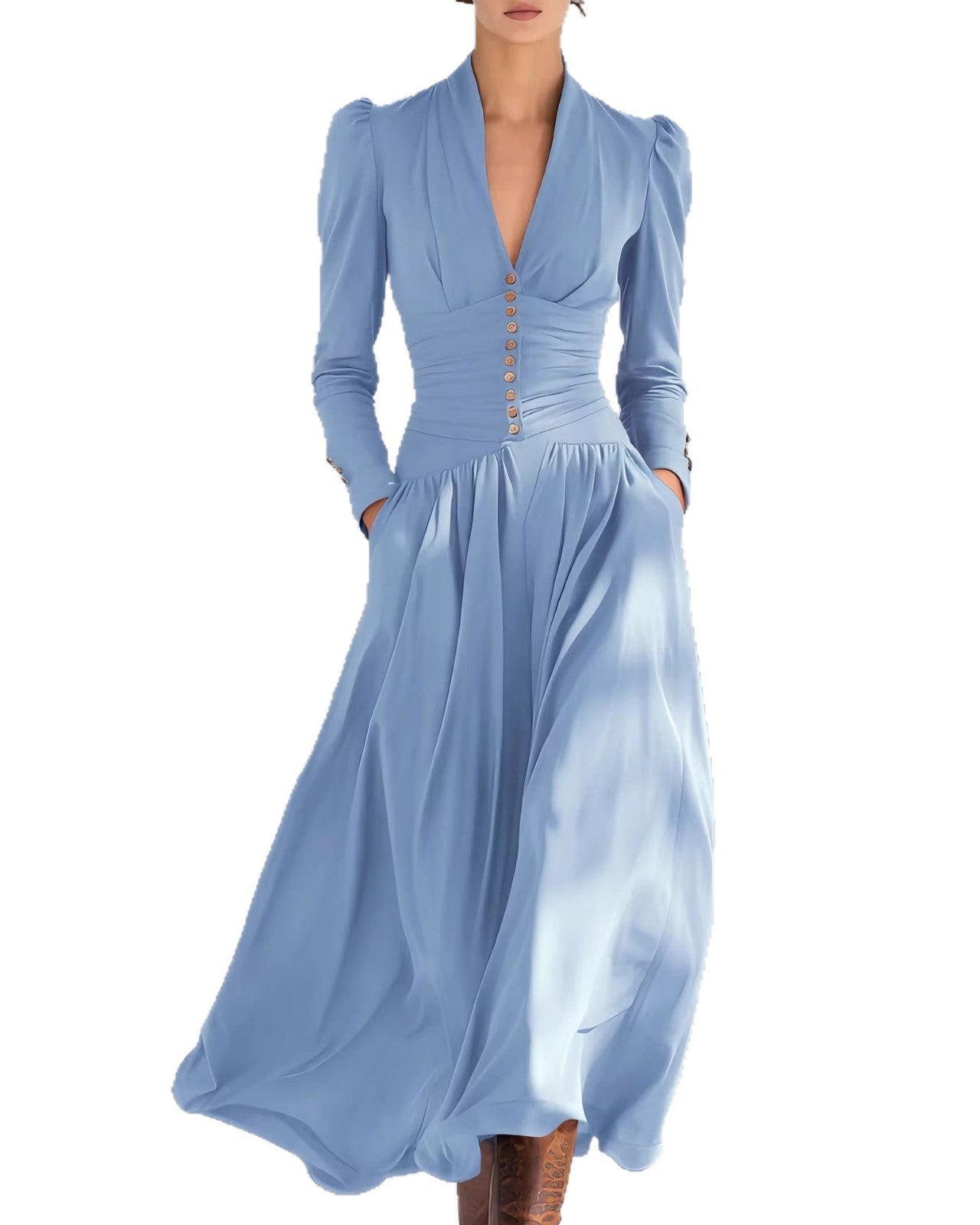 Women's Autumn Fitted Dress with High Waist and Pleats – Elegant Solid Color Midi Dress