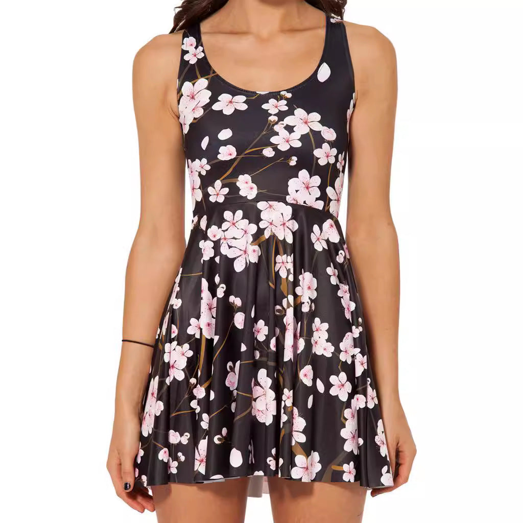 Abito Midi Donna Stampato Senza Maniche con Spalline Sottili e Gonna a Balze – Abito Estivo Casual