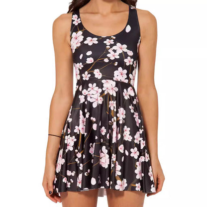 Abito Midi Donna Stampato Senza Maniche con Spalline Sottili e Gonna a Balze – Abito Estivo Casual