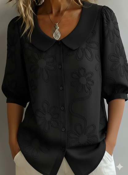 Camicetta Donna con Colletto Arrotondato e Ricami Floreali – Stile Elegante