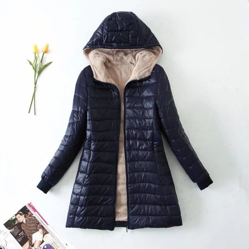 Women's Winter Jacket with Hood, Mid-Length, Fleece Lining and Slim Fit