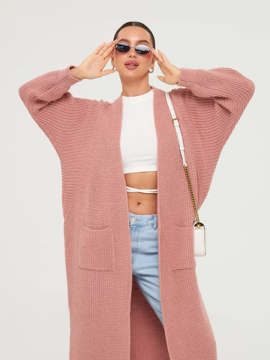 Women's Long Knit Cardigan with Pockets and Front Opening