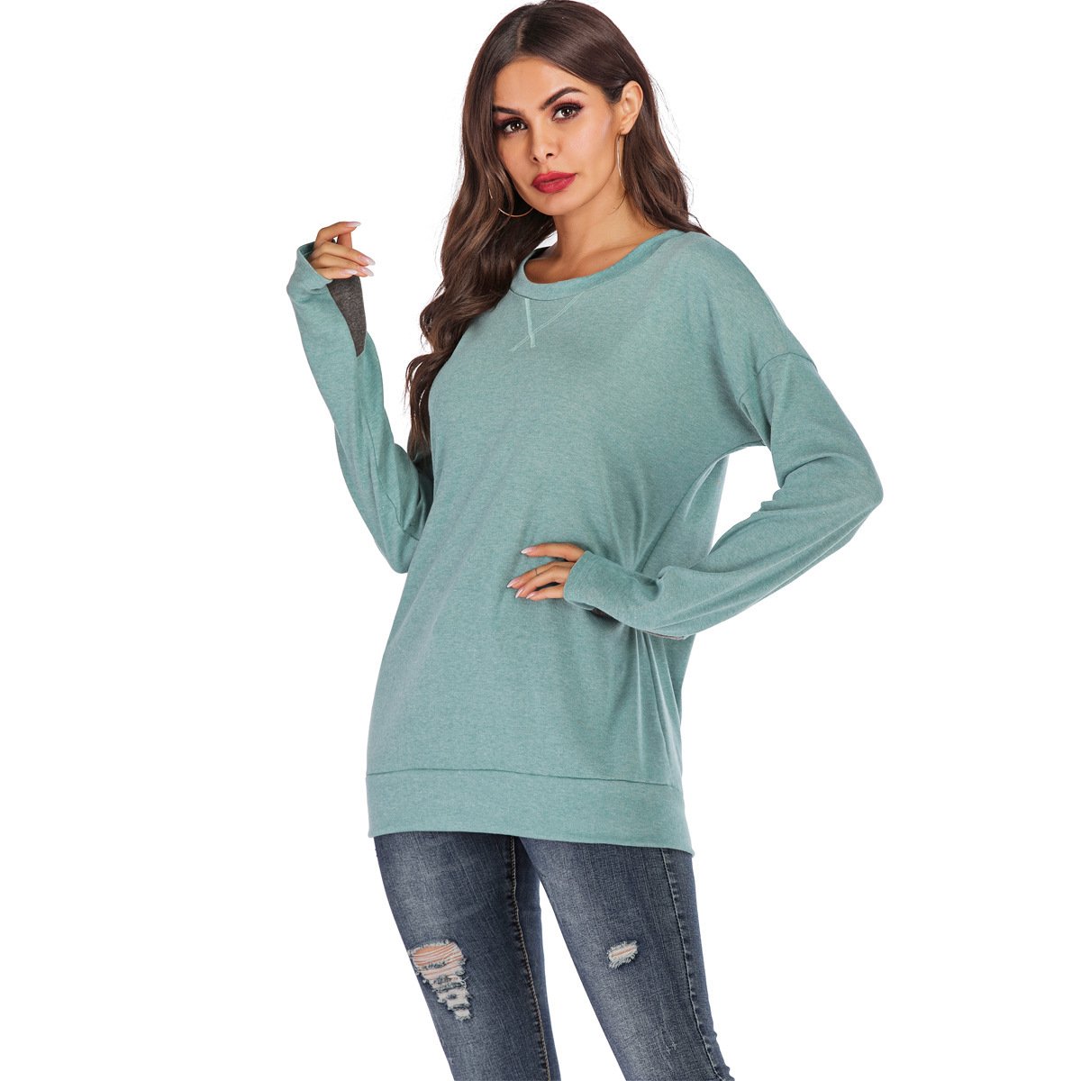 Jersey de mujer de manga larga con cuello redondo, ajuste holgado y color liso