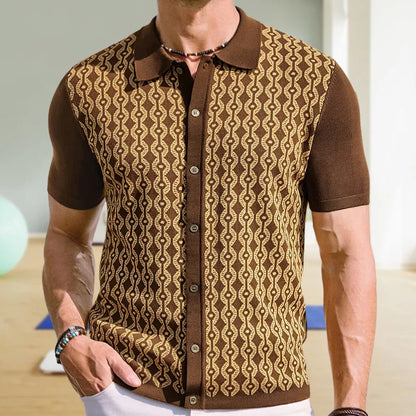 Herreskjorte med korte ærmer, reverskrave og geometrisk jacquardmønster – casual stil
