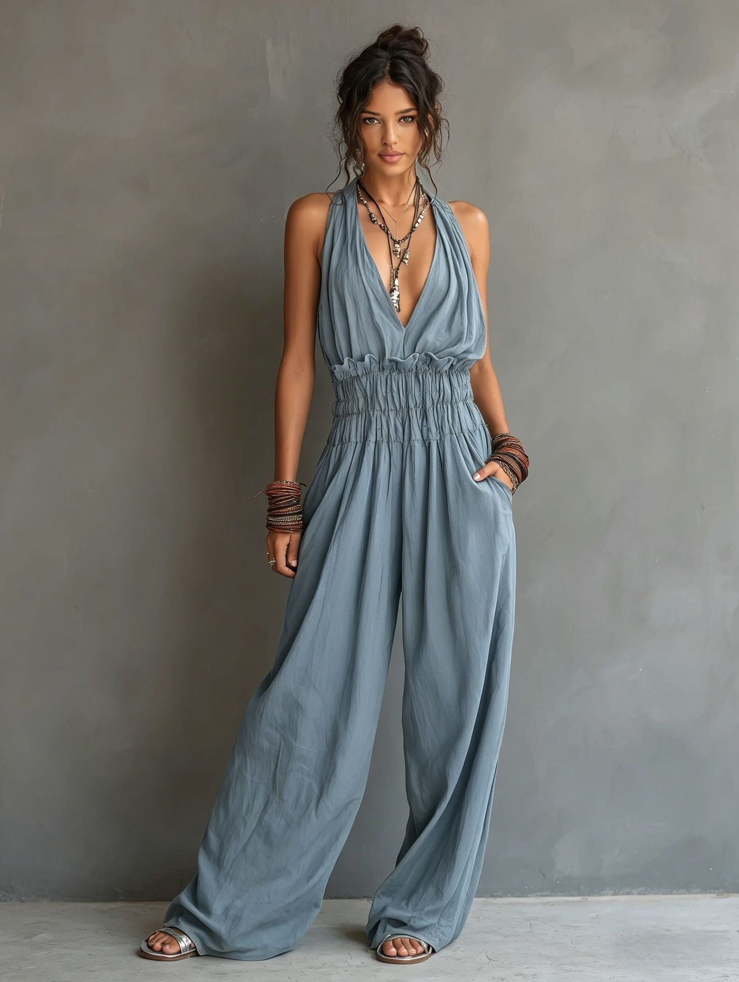 Women’s V-Neck Jumpsuit with Halter Neck and Wide-Leg Pants
