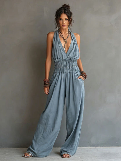 Women’s V-Neck Jumpsuit with Halter Neck and Wide-Leg Pants