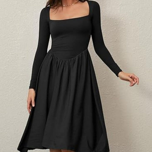 Women's A-Line Midi Dress with Crew Neck and Long Sleeves – Solid Color