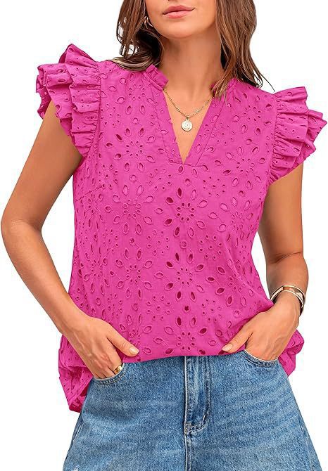 Damebluse med V-hals, Sangallo-broderi og flæseærmer – Elegant til hverdag